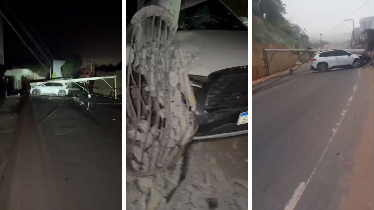 Carro arranca dois postes e complica trânsito na avenida principal em São Domingos do Norte; veja vídeo