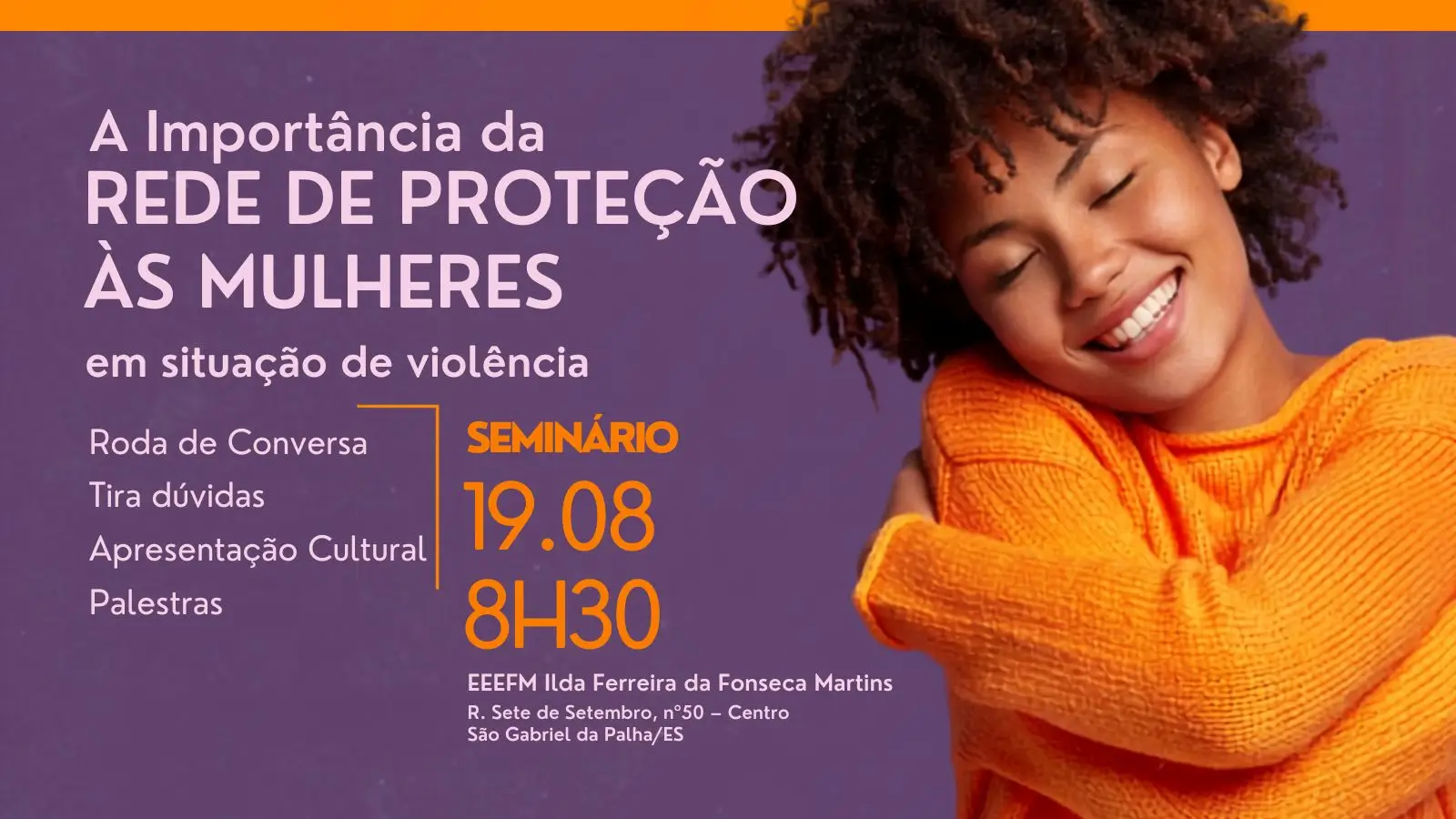 Arte do seminário com uma mulher de blusa laranja e informações sobre data, horário e local